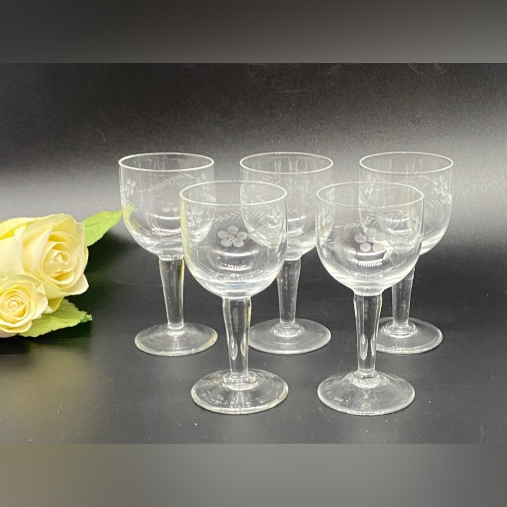 Five Vintage Floral Etched Crystal Sherry/Cordial Glasses - Mid Century